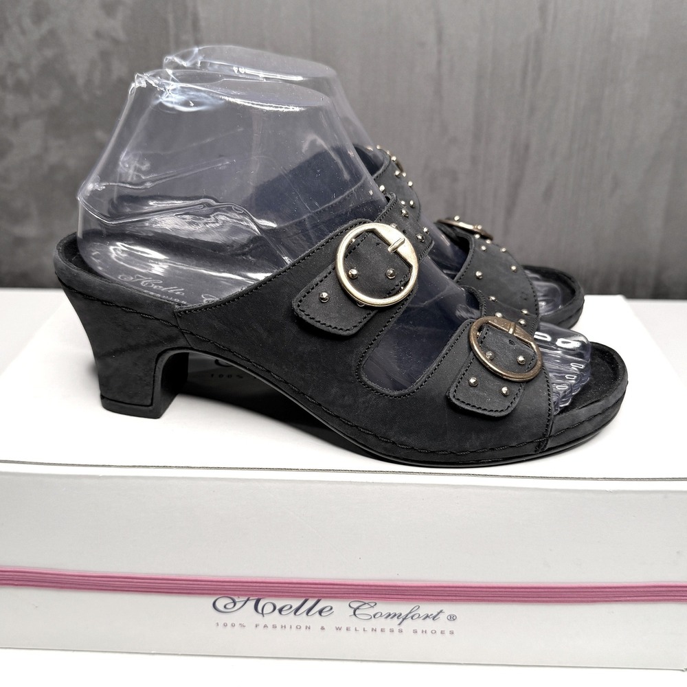 Helle Comfort Daisy Sandals Women‎ 36 Black Studded Buckle Block Heel Slide